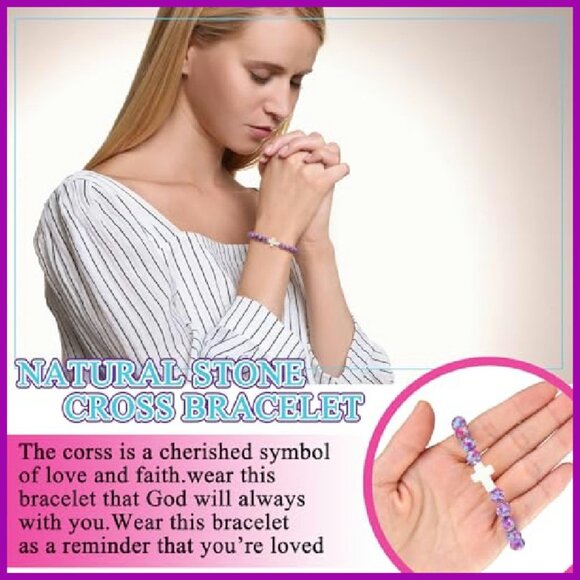 12-Piece Stretch Bracelet Set with Religious Cards, Natural Stone Beads - Picture 4 of 8